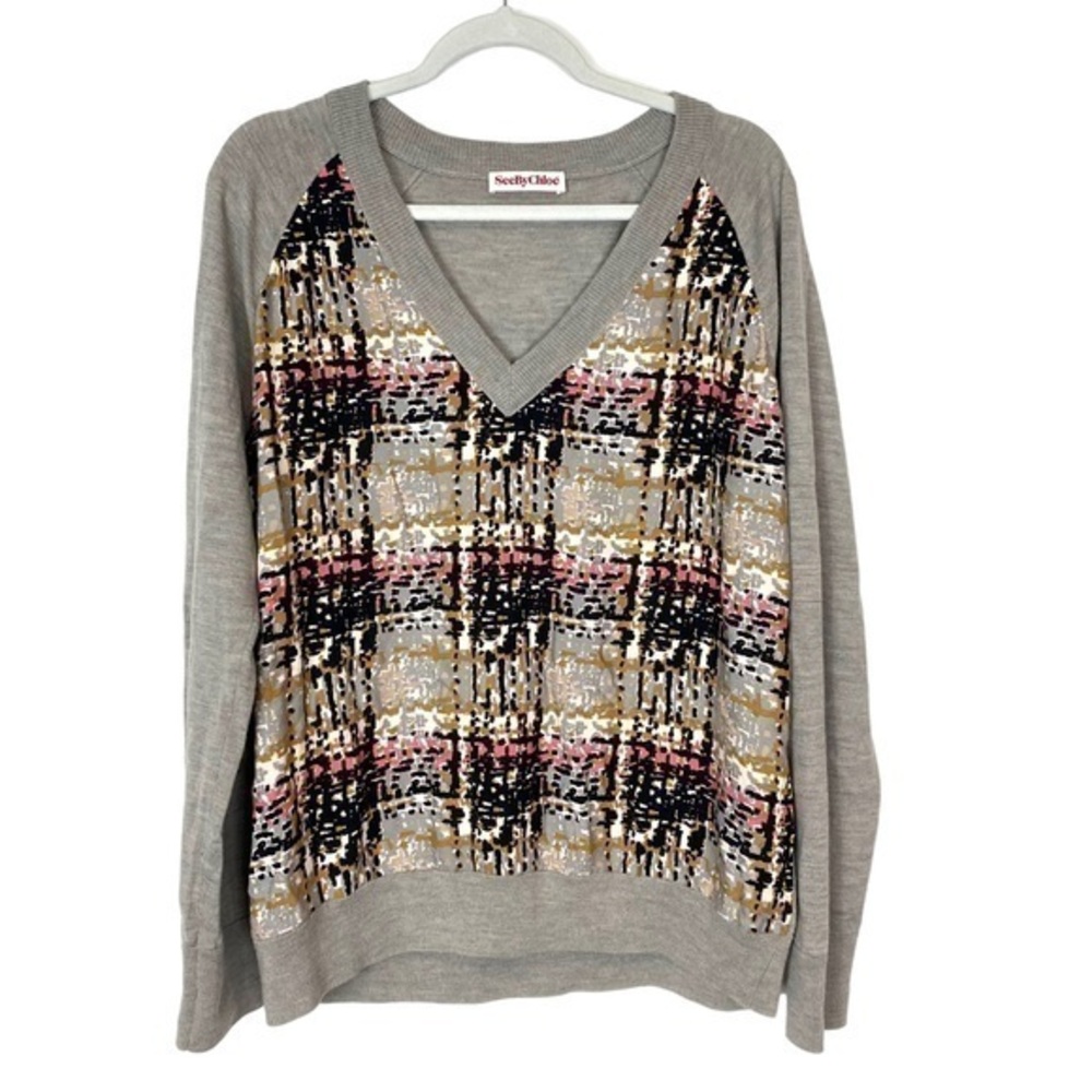 See by Chloe Sweater Large Virgin Wool Plaid Print V Neck Pullover Womens